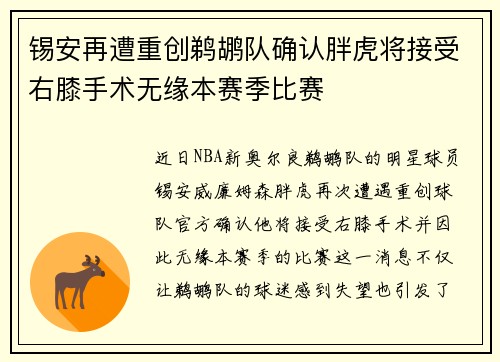 锡安再遭重创鹈鹕队确认胖虎将接受右膝手术无缘本赛季比赛